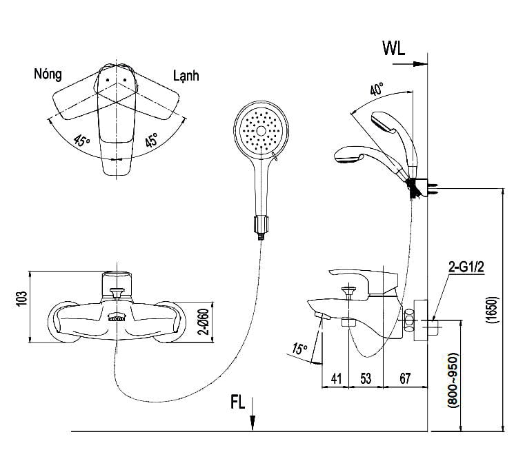 Bản vẽ sen tắm Inax BFV-213S-3C