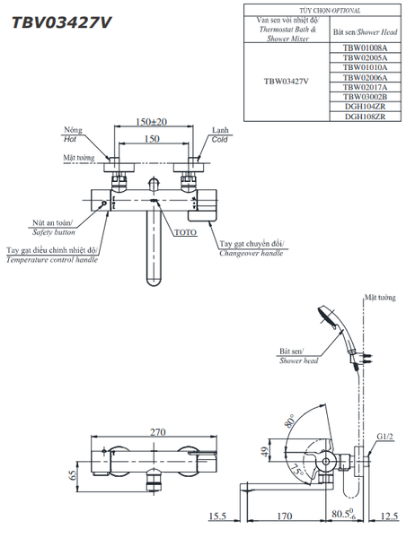 Bộ sen tắm nóng lạnh TOTO TBV03427V/TBW15CE0A - Bùi Minh