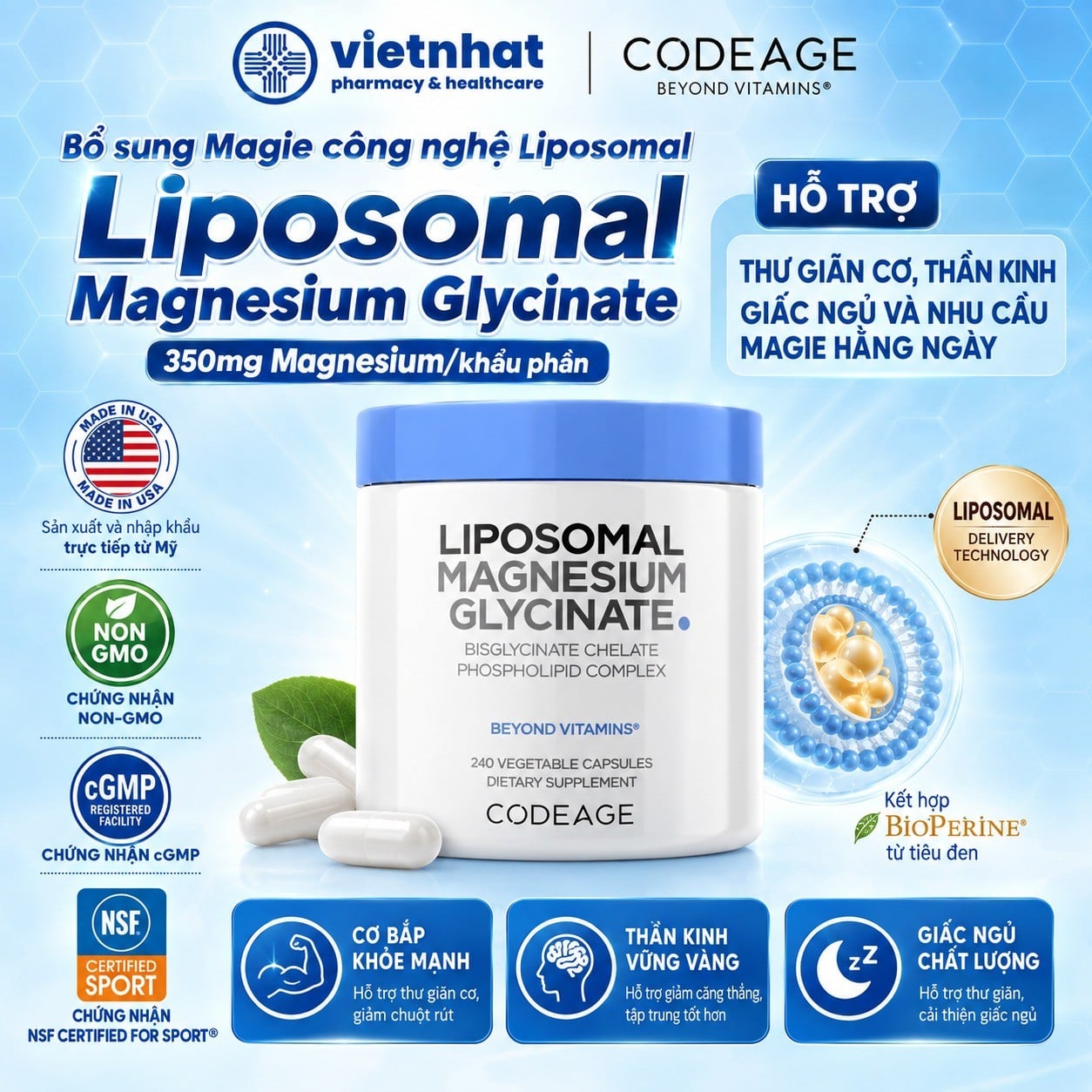 nhathuocvietnhat.vn-Magnesium Glycinate Codeage 240 viên công nghệ Liposomal, chứng nhận NSF Certified for Sport