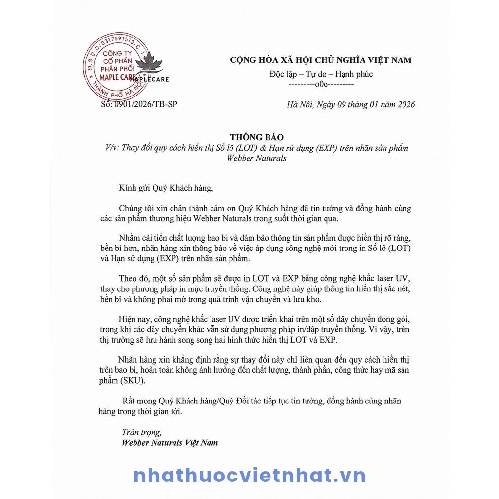 nhathuocvietnhat.vn-Thông báo của Webber Naturals về thay đổi quy cách hiển thị Số lô & Hạn sử dụng trên nhãn sản phẩm