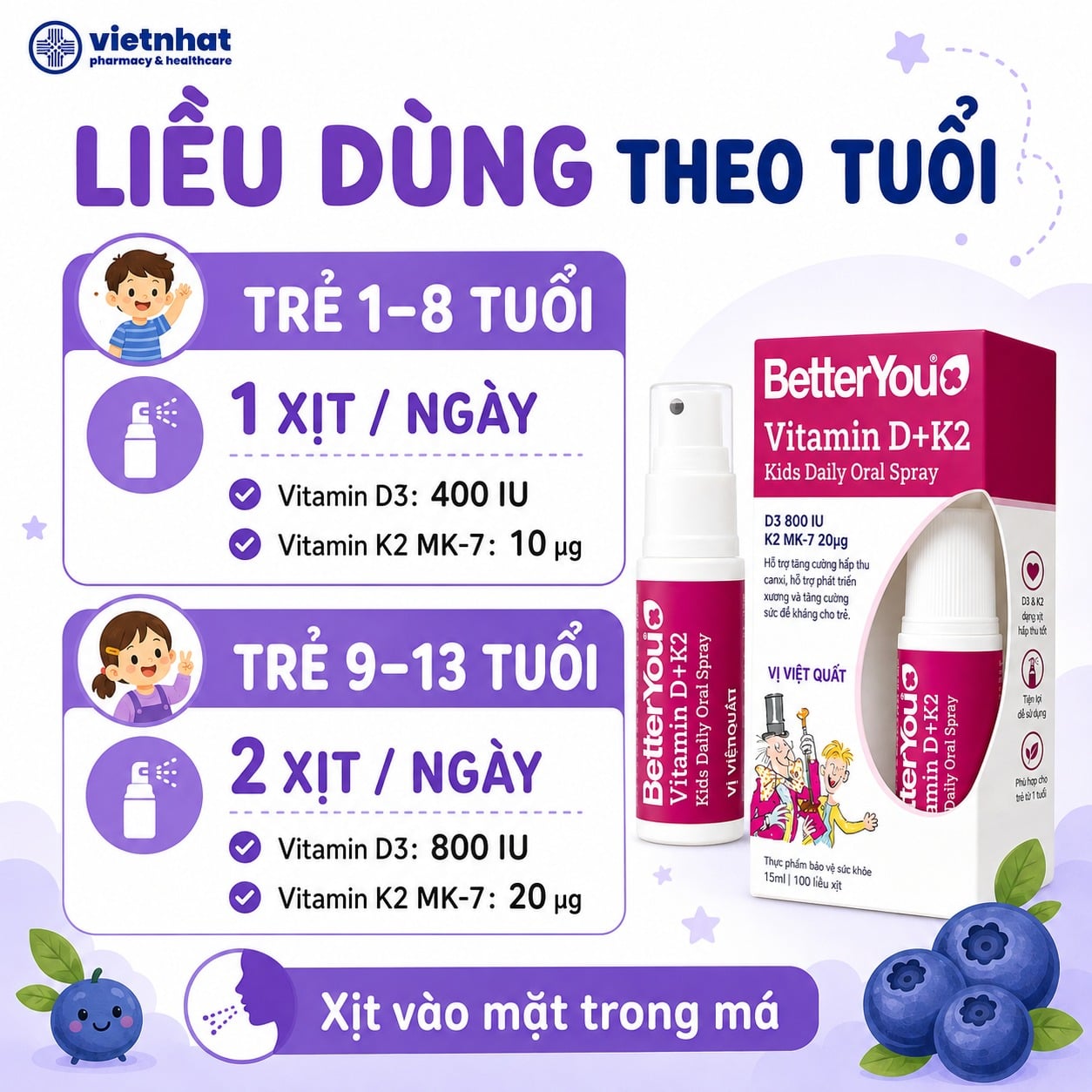 nhathuocvietnhat.vn-Liều dùng BetterYou D3K2 Kids cho trẻ