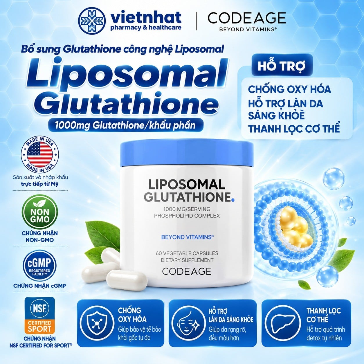 nhathuocvietnhat.vn-Codeage Liposomal Glutathione 1000mg 60 viên hỗ trợ chống oxy hóa và làn da sáng khỏe