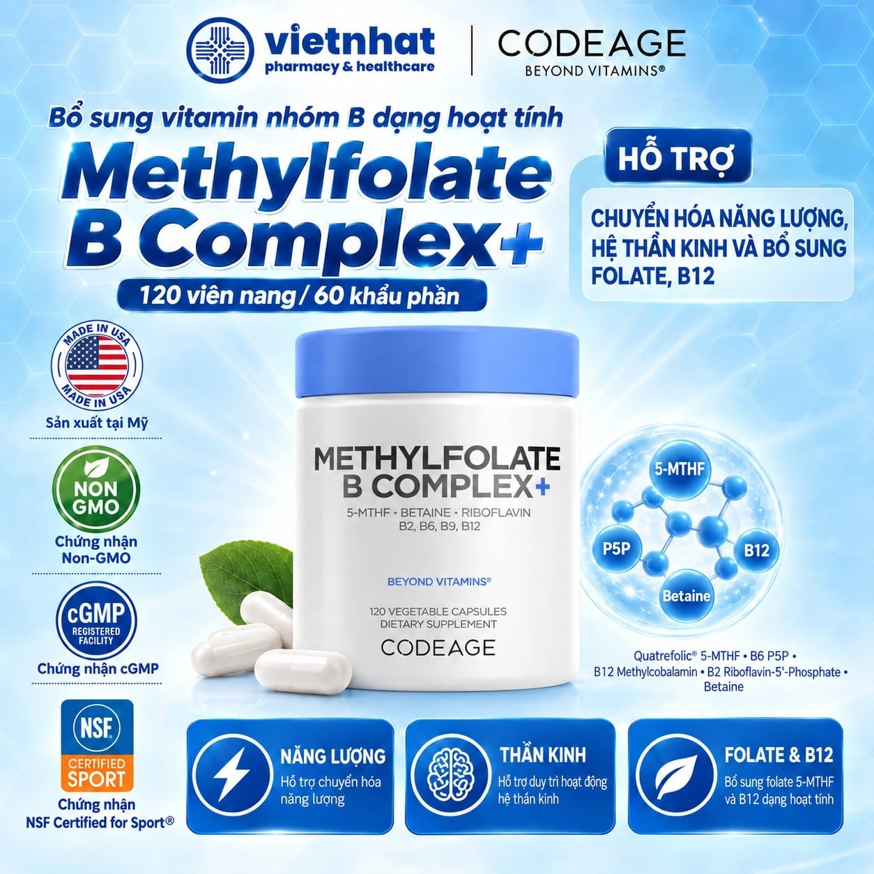 nhathuocvietnhat.vn-Codeage Methylfolate B Complex 120 viên bổ sung vitamin B dạng hoạt tính