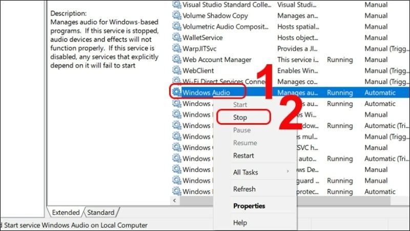 Chọn Stop sau khi nhấn chuột phải vào Windows Audio