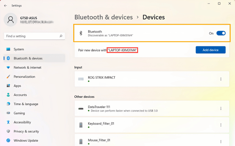 Gạt công tắc Bluetooth sang On để bật