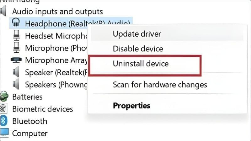 Chọn Uninstall device
