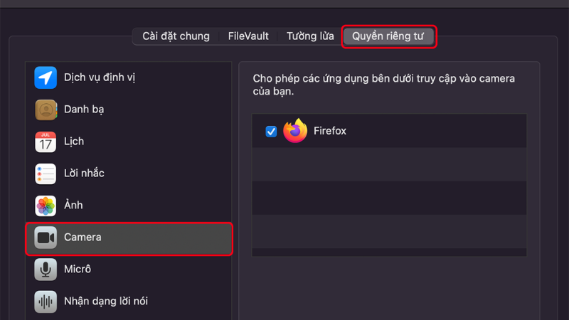 Tìm ứng dụng cần sử dụng webcamvà cấp quyền truy cập camera