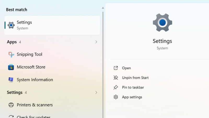 Mở Start menu và nhấn vào biểu tượng Settings