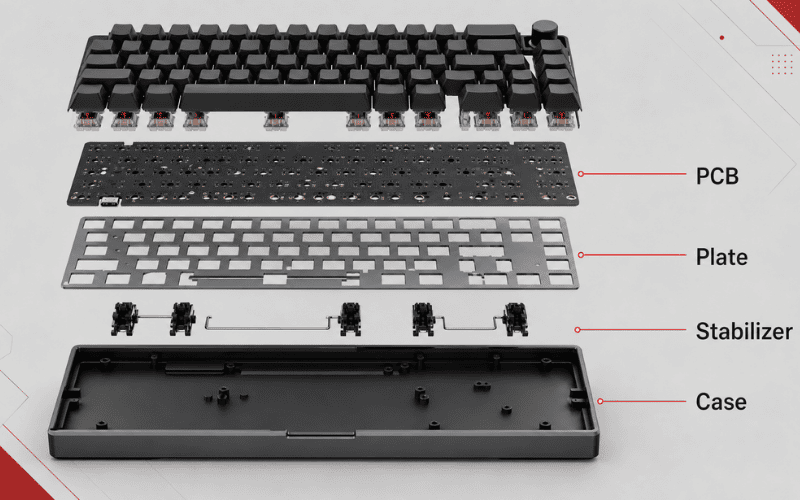 PCB, plate, case và stabilizer là những bộ phận quan trọng cấu thành bàn phím