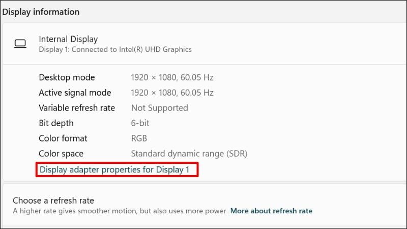 Chọn Display adapter properties for Display 1