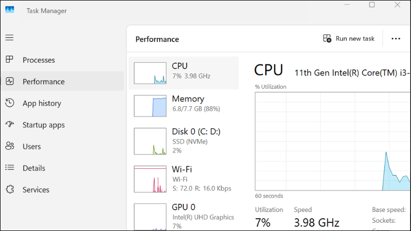 Vào Task Manager kiểm tra hiệu suất card đồ hoạ