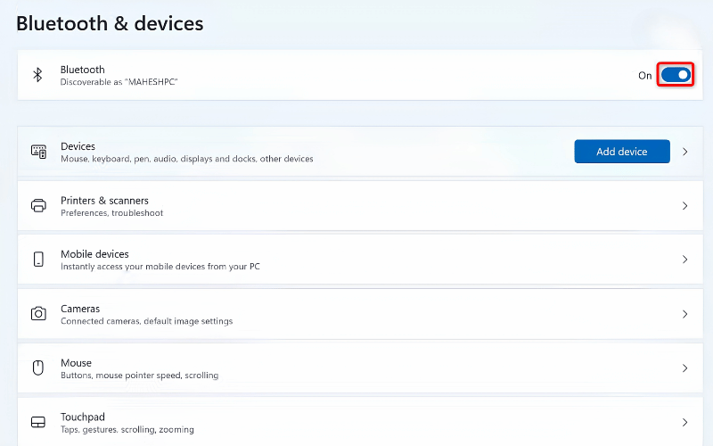 Nếu thấy công tắc bật/tắt Bluetooth, nghĩa là Windows đã nhận phần cứng Bluetooth