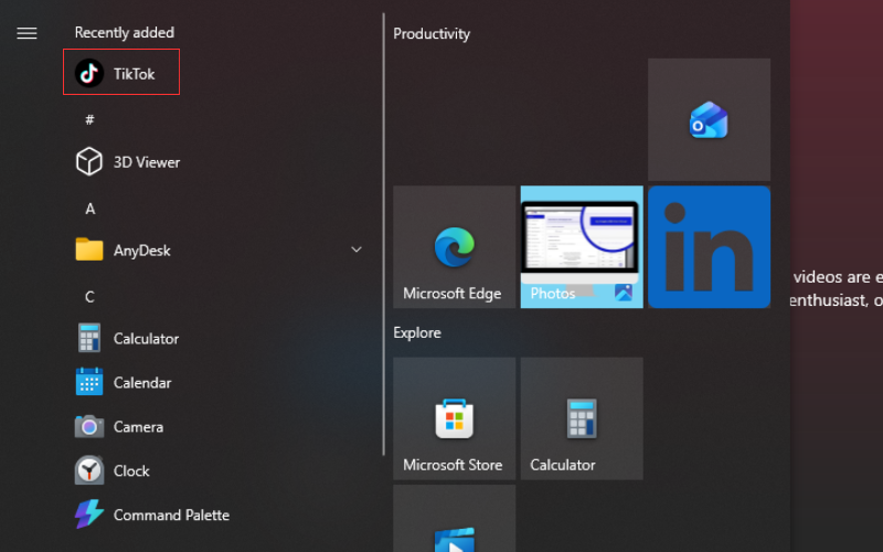 Mở TikTok từ Start Menu hoặc thanh tìm kiếm