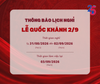 THÔNG BÁO LỊCH NGHỈ LỄ QUỐC KHÁNH 2/9