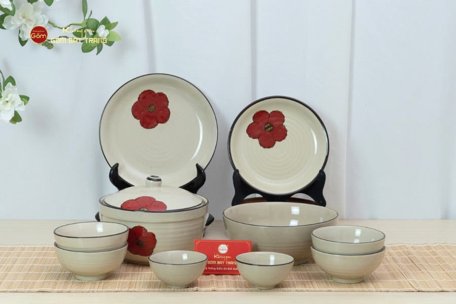 Bộ Bàn Ăn 4 Người (10 món) Men Hỏa Biến Hoa Sứ Đỏ