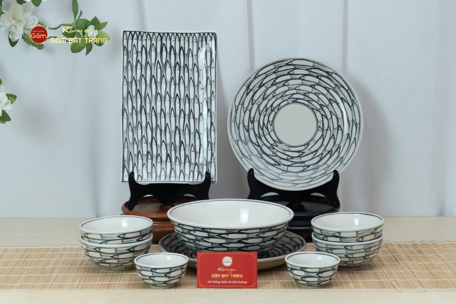 Bộ Bàn Ăn 4 Người (10 món) Men Trắng Vẽ Cá Đàn