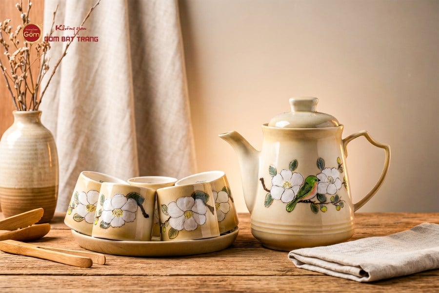 Bộ Bình Nước Dáng Ống Vẽ Hoa Sen