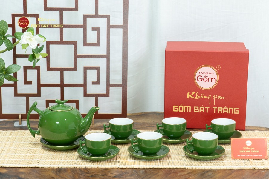 Bộ Trà Men Lục Bưởi Cành Kẻ Vàng