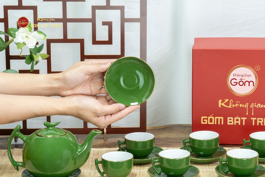 Bộ Trà Men Lục Bưởi Cành Kẻ Vàng