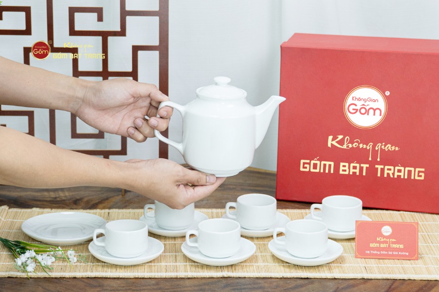 Bộ Trà Men Trắng Vuông Cao