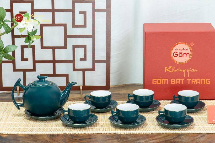 Bộ Trà Men Xanh Lam Bưởi Cành Kẻ Vàng