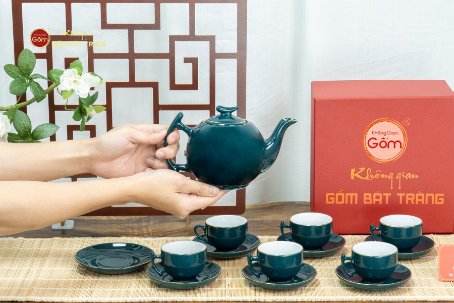 Bộ Trà Men Xanh Lam Bưởi Cành Kẻ Vàng