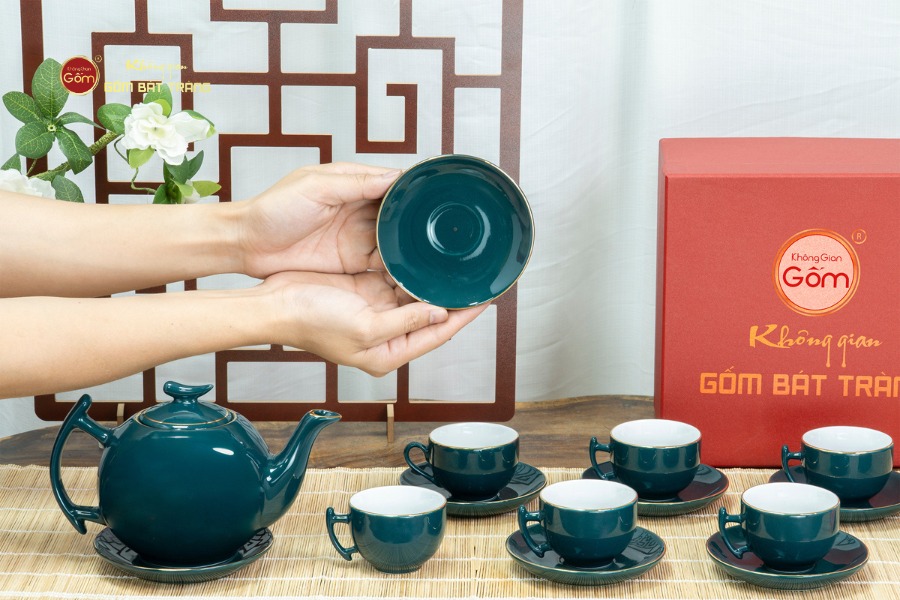 Bộ Trà Men Xanh Lam Bưởi Cành Kẻ Vàng