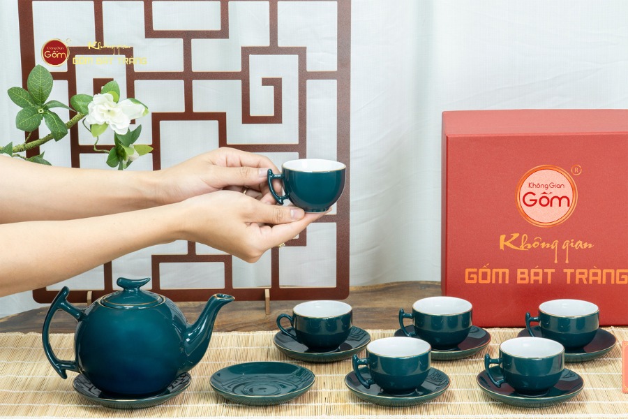 Bộ Trà Men Xanh Lam Bưởi Cành Kẻ Vàng