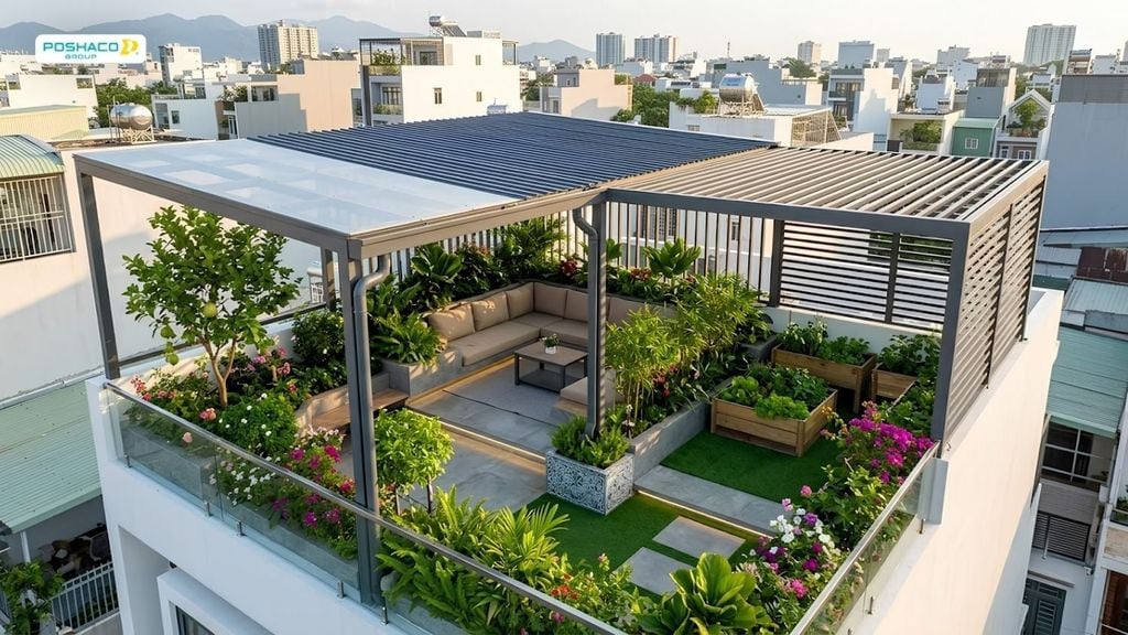 Mái tôn cho sân thượng kết hợp vườn nhỏ