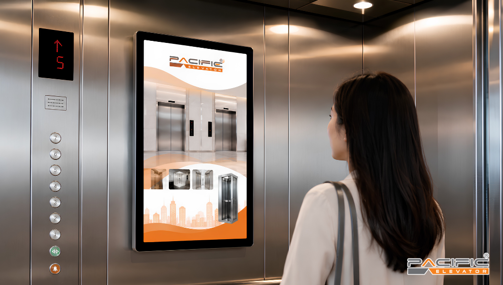 Hình ảnh minh hoạ hình thức quảng cáo bằng hệ thống màn hình LCD trong cabin thang máy.png