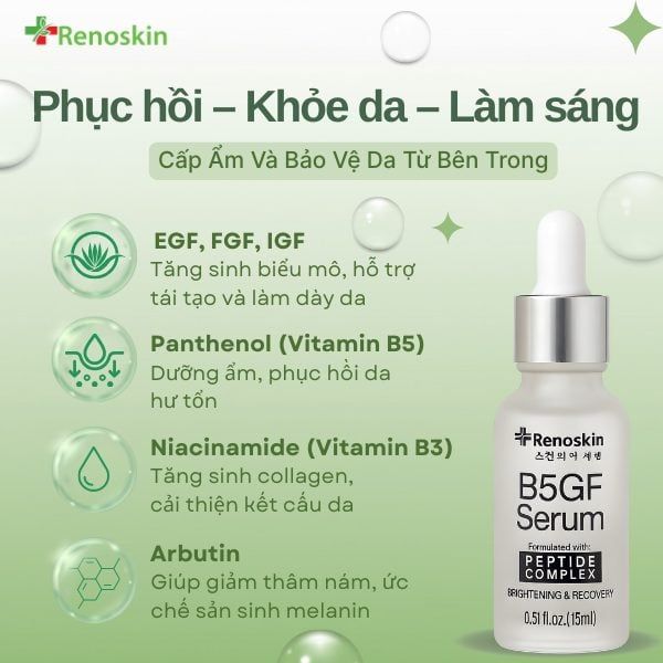 Thành phần B5 và GF giúp phục hồi da tổn thương và cải thiện sắc tố da