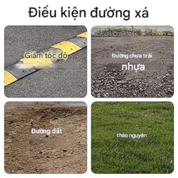 Hình ảnh tổng hợp hiển thị bốn điều kiện đường xá: gờ giảm tốc trên đường nhựa, đường sỏi chưa trải nhựa, đường đất và khu vực cỏ. Nhãn văn bản bằng tiếng Pháp xác định từng điều kiện.