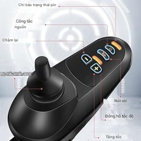 Dành cho xe lăn điện với các nút bấm được gắn nhãn cho tốc độ, công suất, trạng thái pin, còi và điều khiển 360 độ. Bao gồm các nút điều khiển tăng tốc và giảm tốc.