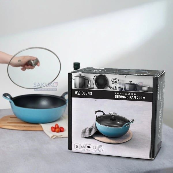 Điểm nổi bật của chảo gang Oceno sâu lòng có vung kính 20cm màu xanh