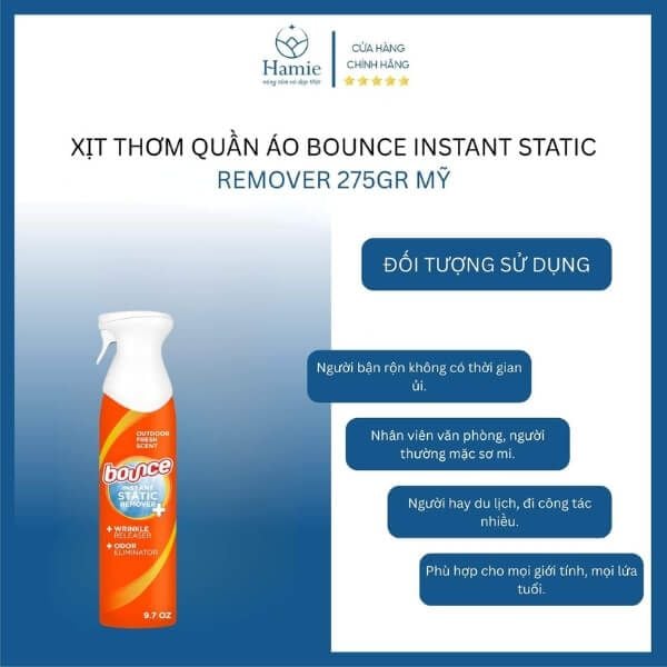 Xịt Thơm Quần Áo Bounce Instant Static Remover 275gr Mỹ DTSD