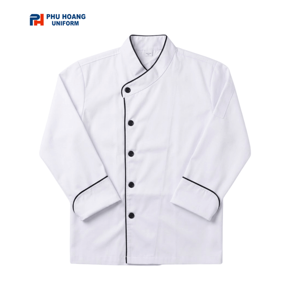 Cận cảnh áo bếp cổ chéo 1 hàng nút tay dài