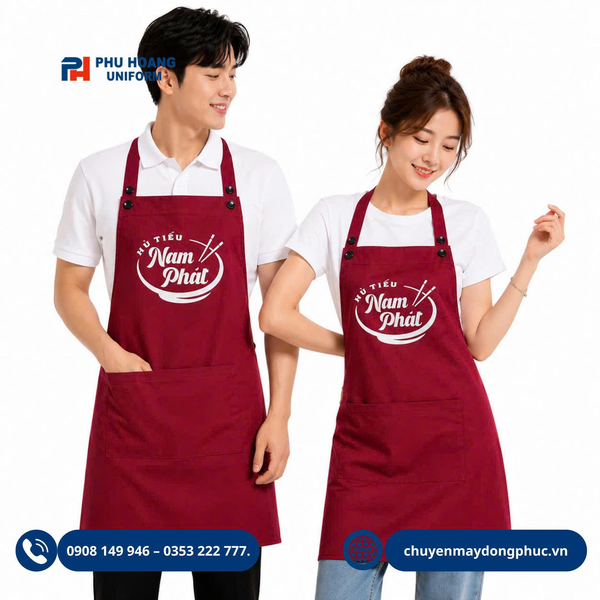 Tạp dề nhà hàng đỏ đô in logo trắng
