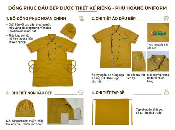 Bộ đồng phục đầu bếp vàng bò, gồm tạp dề ngắn thắt eo