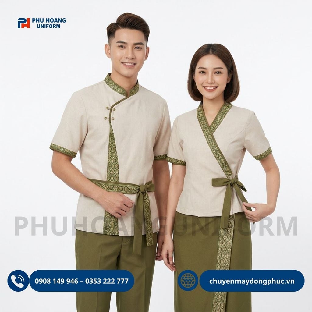 Đồng Phục Nhà Hàng Thái Lan Be Vạt Chéo Phối Viền Thổ Cẩm Xanh Rêu