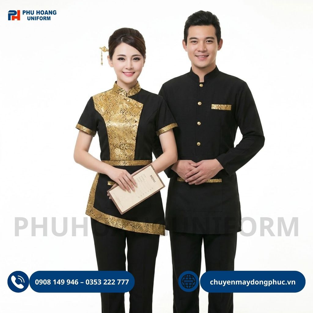 Đồng Phục Nhà Hàng Thái Lan Đen Phối Gấm Vàng