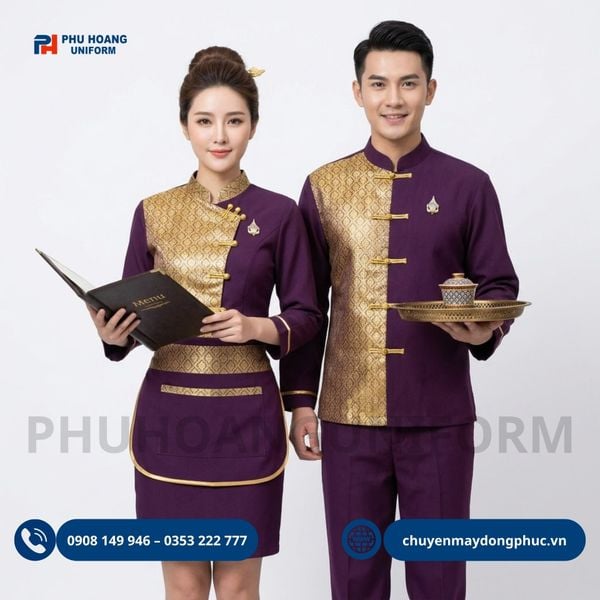 Đồng Phục Nhà Hàng Thái Lan 2 Tông Tím Và Đỏ Đô Phối Viền Vàng