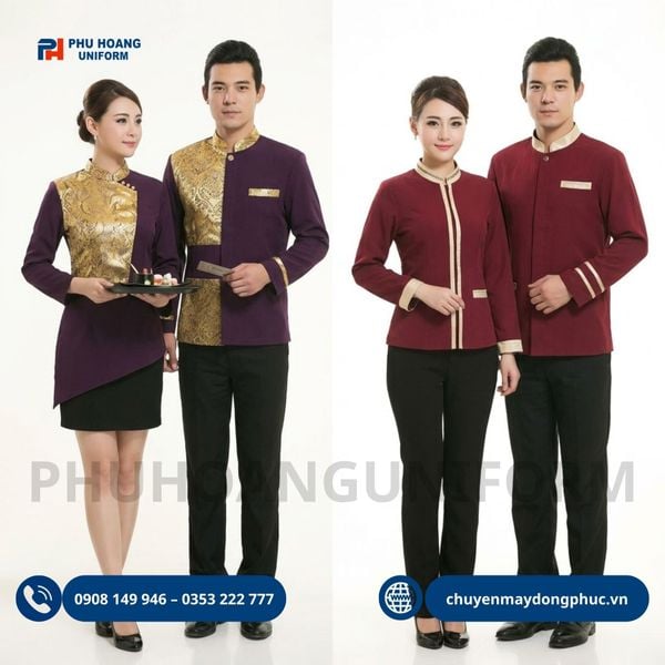 Đồng Phục Nhà Hàng Thái Lan 2 Tông Tím Và Đỏ Đô Phối Viền Vàng