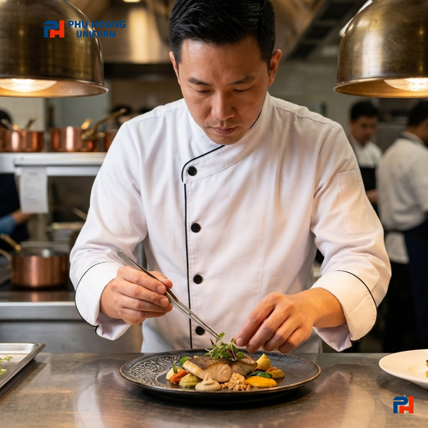 Áo bếp cổ chéo 1 hàng nút tay dài