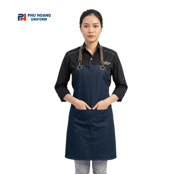 Tạp dề denim xanh đậm với dây da và khoen kim loại.