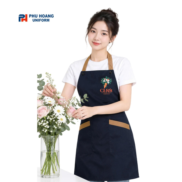 Tạp dề navy phối nâu cho shop hoa, một ứng dụng ngoài nhà hàng.
