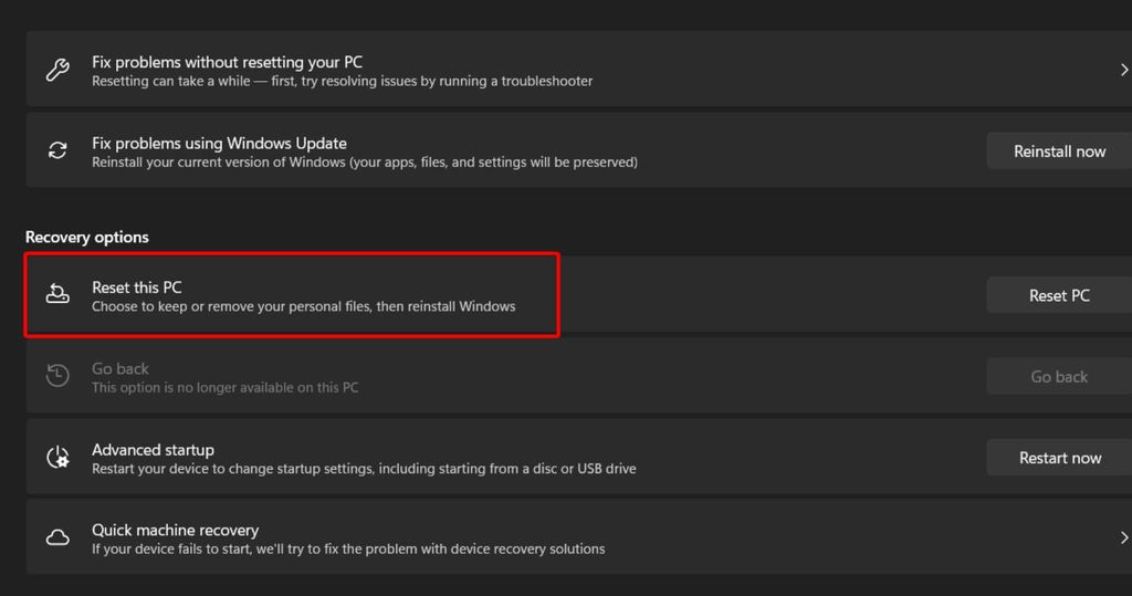 chọn reset this pc để reset lại window 11