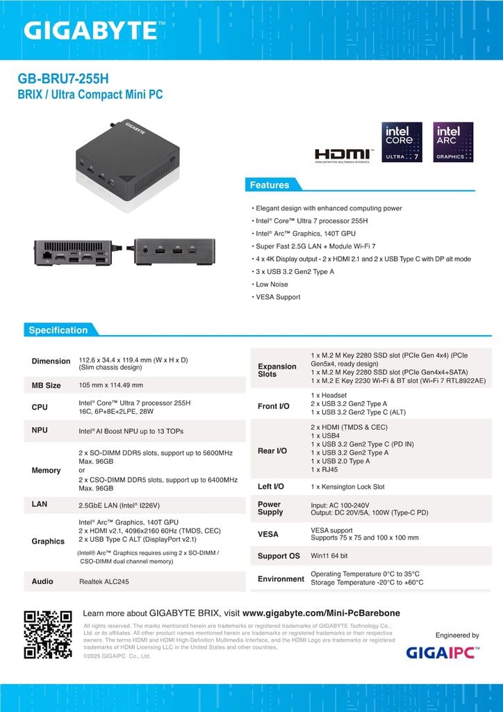 Mini PC Gigabyte BRIX GB-BRU7-255H (6BXARH7SWMR)
