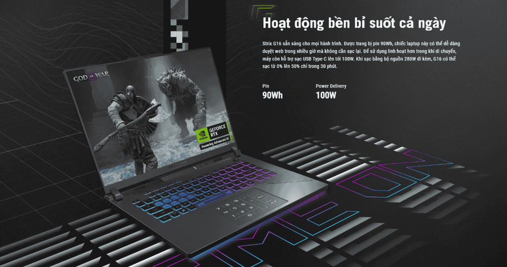 laptop gaming asus rog strix g16 g614pr rv060w sở hữu lượng pin 90Wh