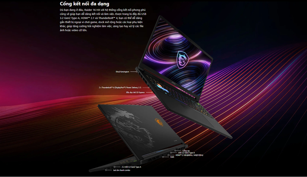 laptop gaming msi raider 16 hx b2wh 258vn cổng kết nối