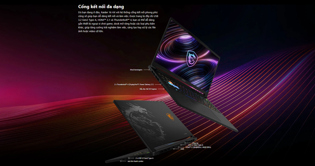 cổng kết nối laptop gaming msi raider 16 hx b2wi 257vn